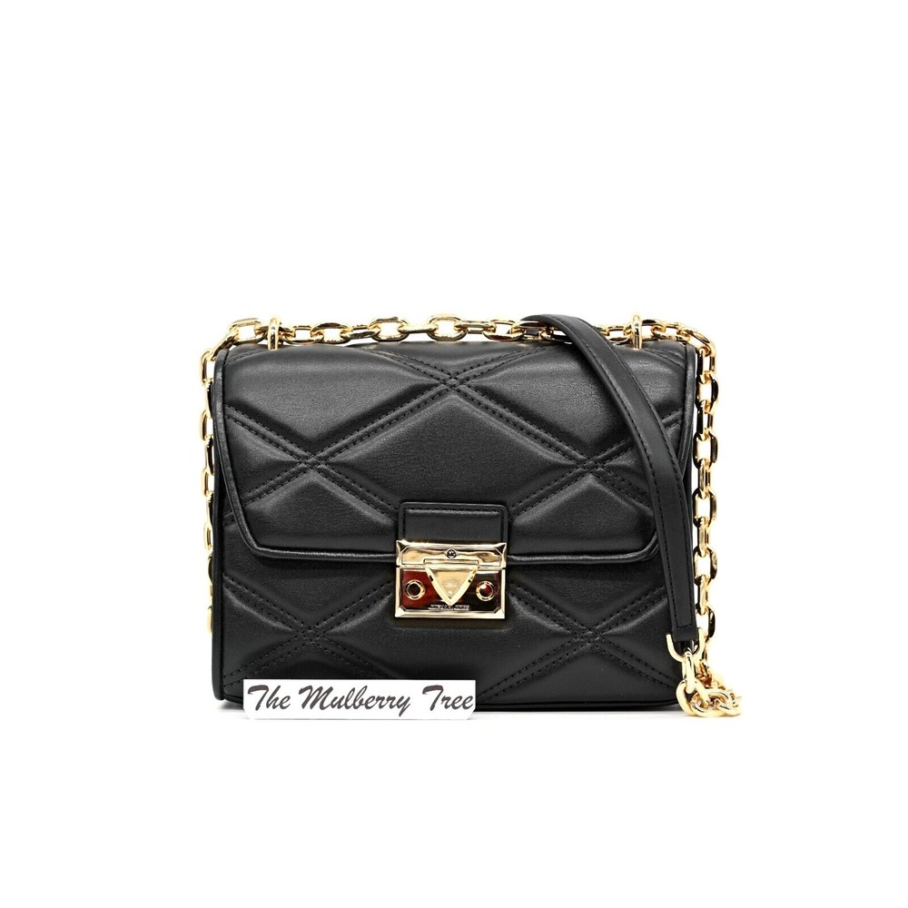 MICHAEL KORS SERENA Medium Black & Gold Vegan Non-Leather Shoulder Bag NWT $628